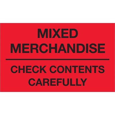 3 x 5" - "Mixed Merchandise - Check Contents Carefully" (Fluorescent Red) Labels