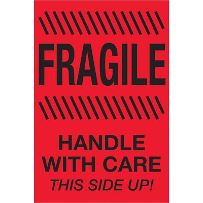 4 x 6" - "Fragile - Handle With Care - This Side Up" (Fluorescent Red) Labels