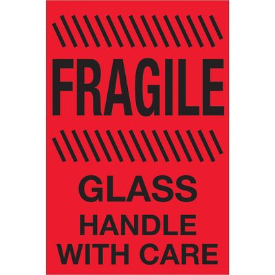 4 x 6" - "Fragile - Glass - Handle With Care" (Fluorescent Red) Labels