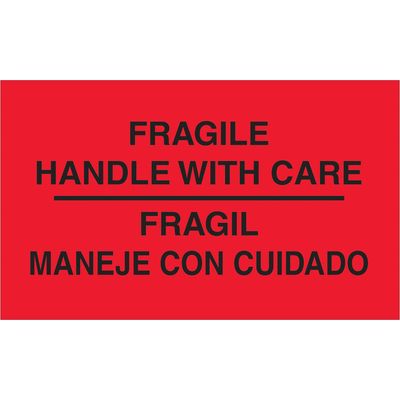 3 x 5" - "Fragil - Maneje Con Cuidado" (Fluorescent Red) Bilingual Labels