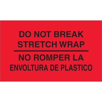 3 x 5" - "No Romper La Envoltura De Plastico" (Fluorescent Red) Bilingual Labels