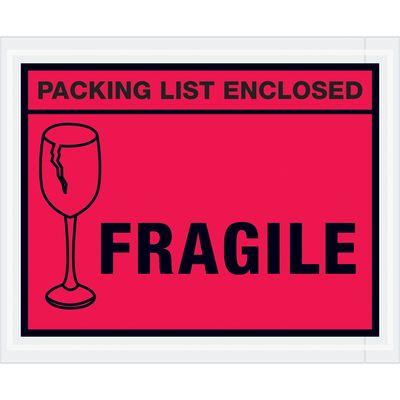 4 1/2 x 5 1/2" Red "Packing List Enclosed - Fragile" Envelopes