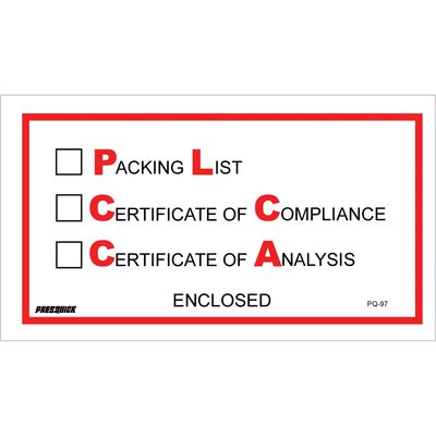 5 1/2 x 10" "Packing List/Cert of Compliance/Cert. of Analysis Enclosed" Envelopes